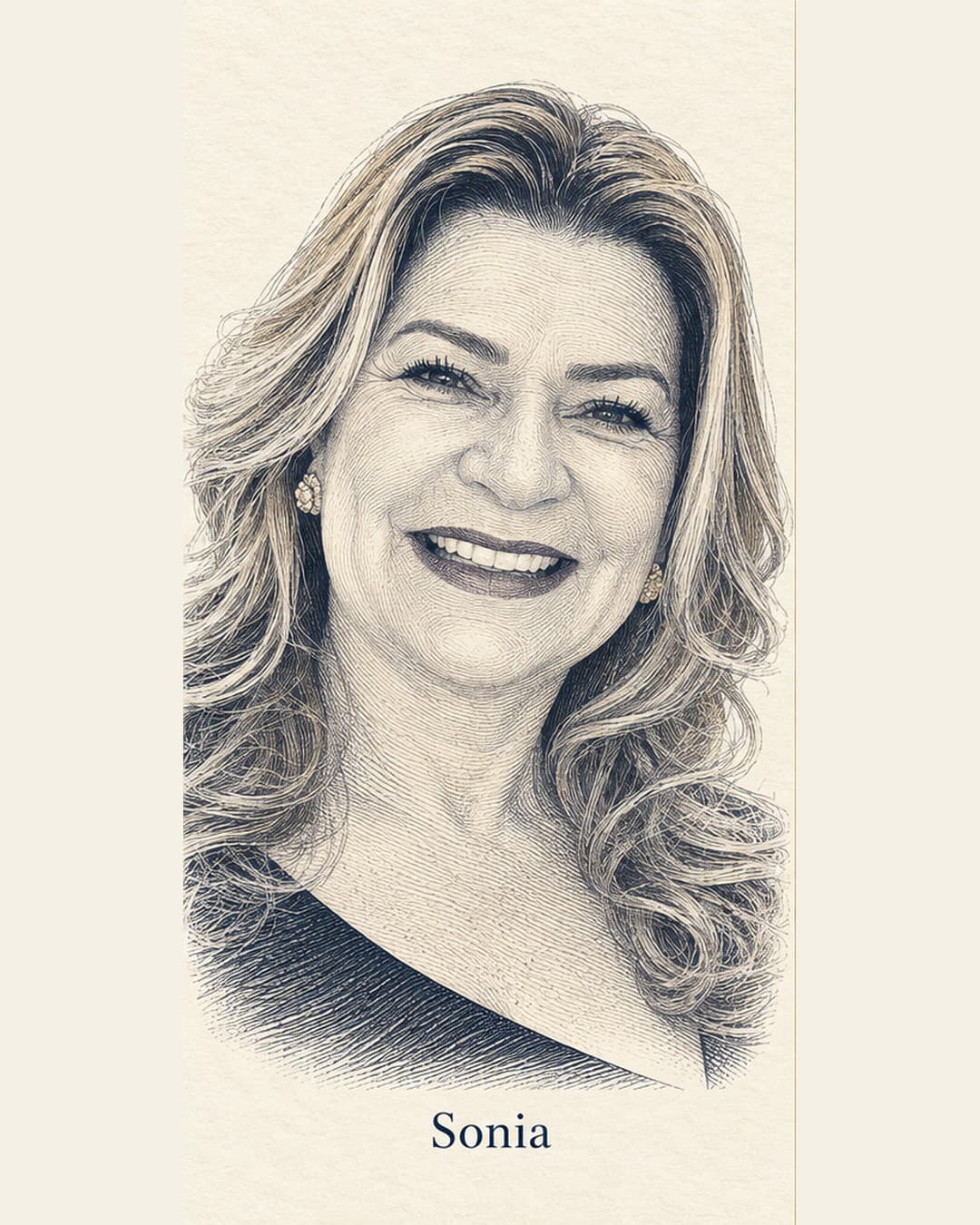 AI illustration of Sonia based on owner-provided reference portraits
